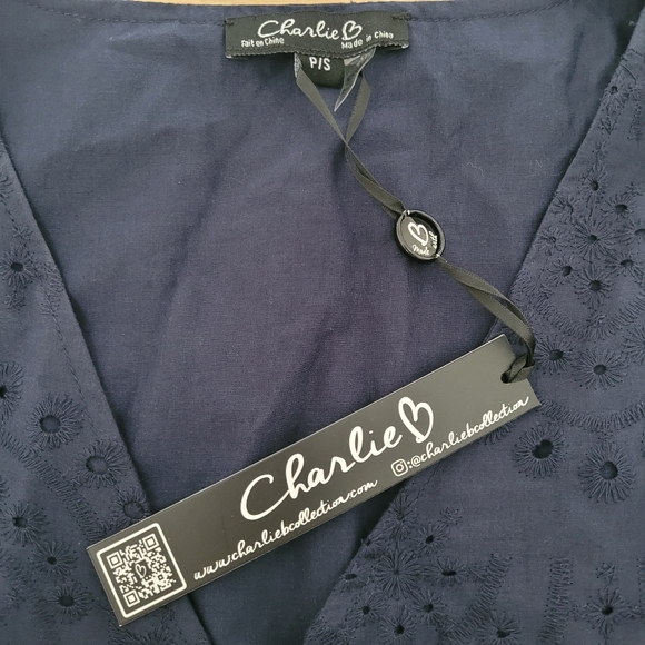 NWT CHARLIE B Sleevesless V-Neck Eyelet Long Navy Midi Tiered Dress S - Picture 8 of 8